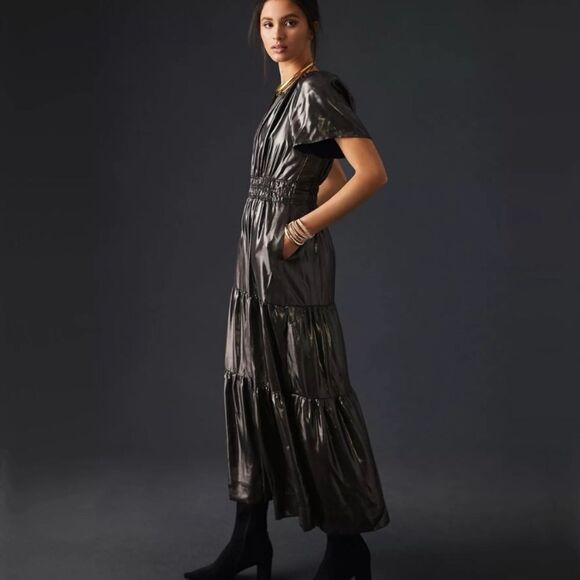 ANTHROPOLOGY Dress Somerset Maxi Shine Edition Metallic Black Size S - Picture 12 of 14